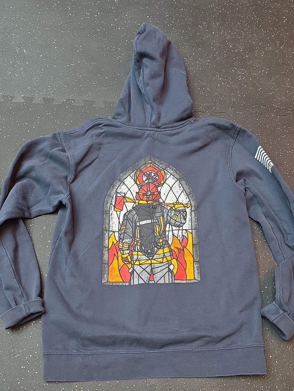 Navy Graphic Zip-Up Hoodie with Firefighter Stained-Glass Motif